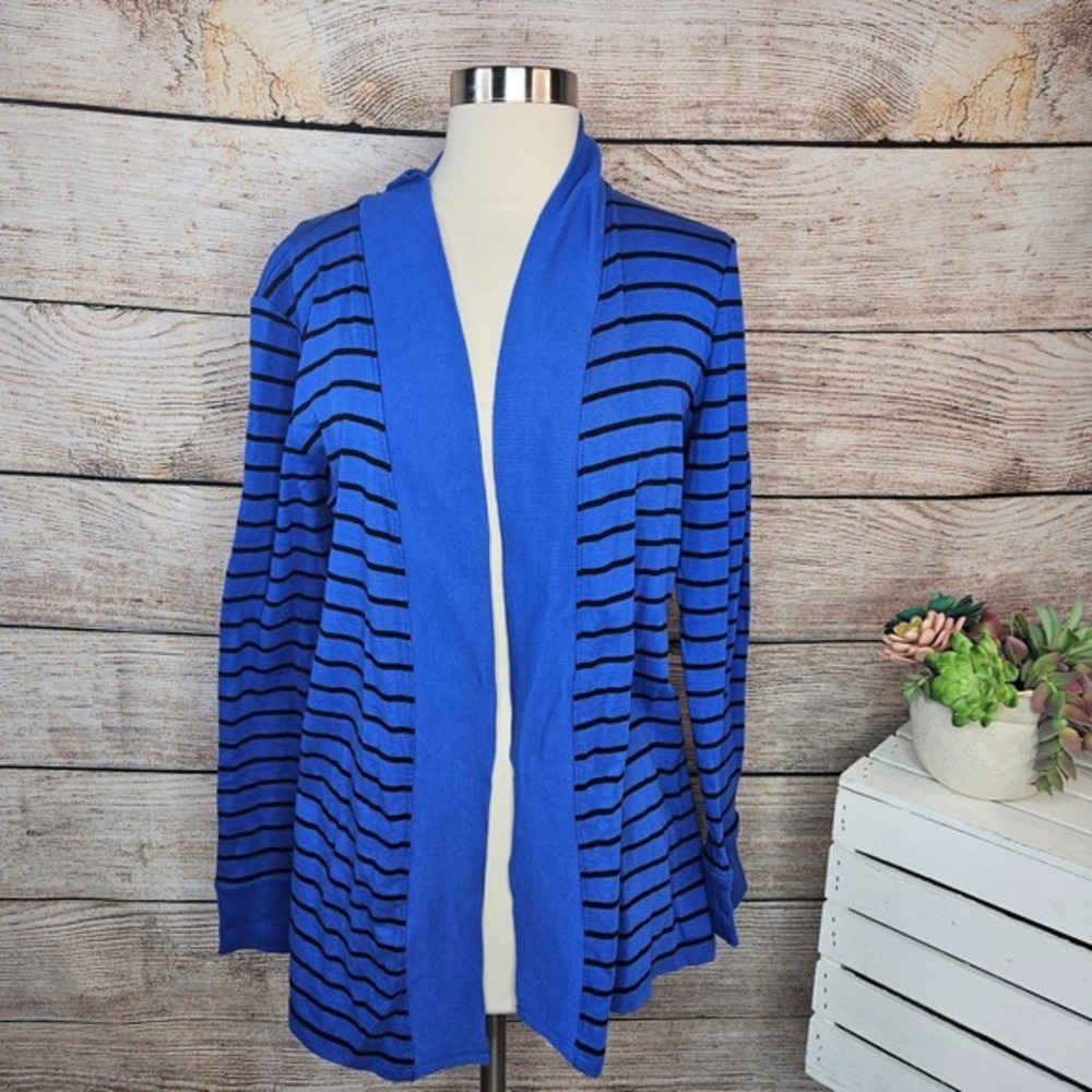 Jones‎ New York Sport Cardigan Open Front Striped Lightweight Blue Black L